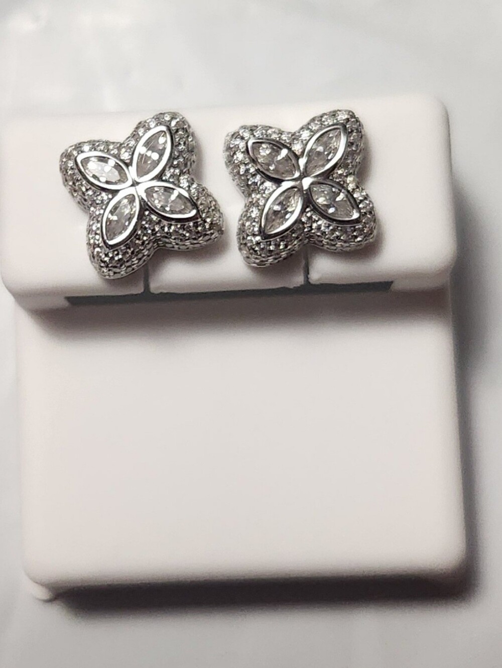MOISSANITE STERLING SILVER, 925,  FLOWER EARRINGS 1.60 CTW. COLOR D